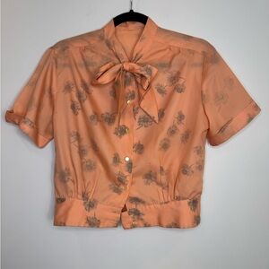 Vintage Floral Peach peach Blouse with Bow Detail